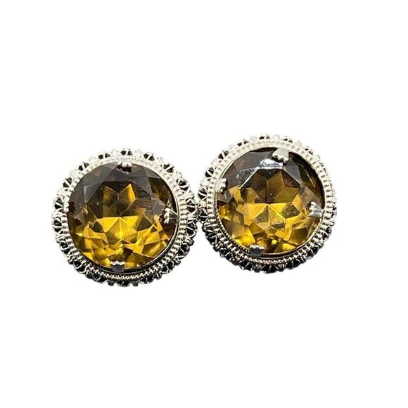 Accessocraft NYC Signed Vintage Prong Rhinestone Topaz Brown Screw Back Earrings - Picture 1 of 8